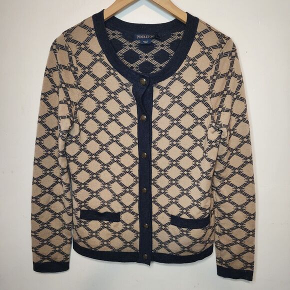 Pendleton Button Cardigan Sweater Soft Merino Wool Brown Black Button Medium - Picture 11 of 11